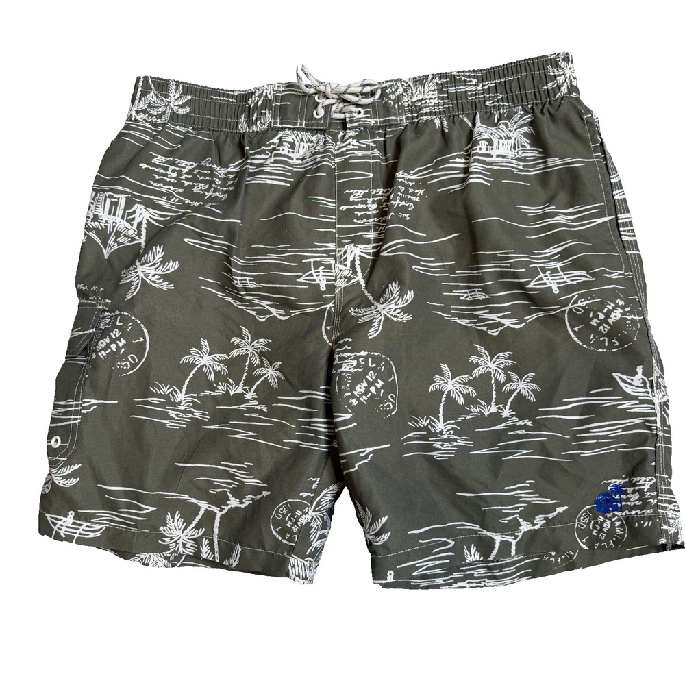 Caribbean Joe Men’s Swim Trunks With Brief XL Olive/Ivory Print Pockets
